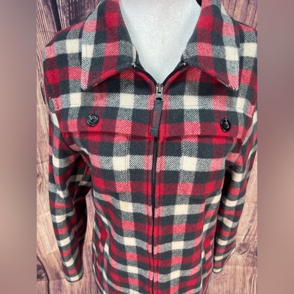 Woolrich red multi plaid wool blend zipper shirt jacket shacket women’s size M - Picture 6 of 17